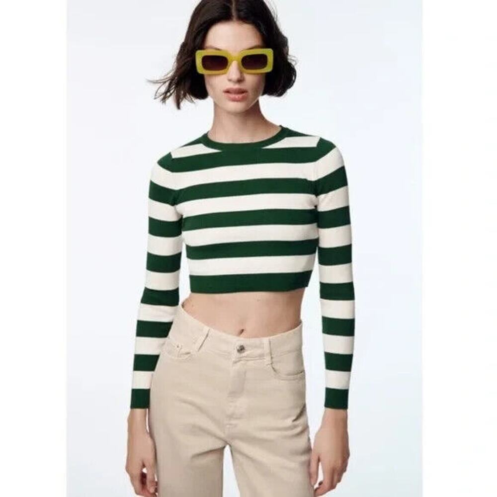 Zara Sweater Womens Small Green Ivory Striped Rib Knit Retro Viscose Crop‎ Top
